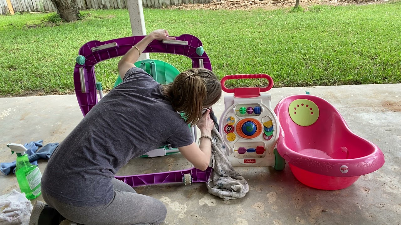 ASMR!! Cleaning Vlog!!🧽🧼🦠Cleaning A Baby Walker, Baby Bath, & Kids Toy!!