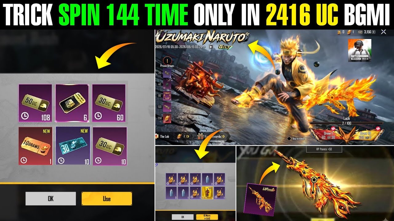 Trick Spin 144+ Time Only 2416 Uc in Bgmi | Bgmi 4.5 Naruto Ultimate Spin 