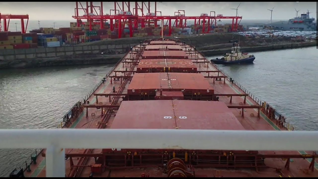Bulk Carrier sailing from Liverpool Docks stern-first
