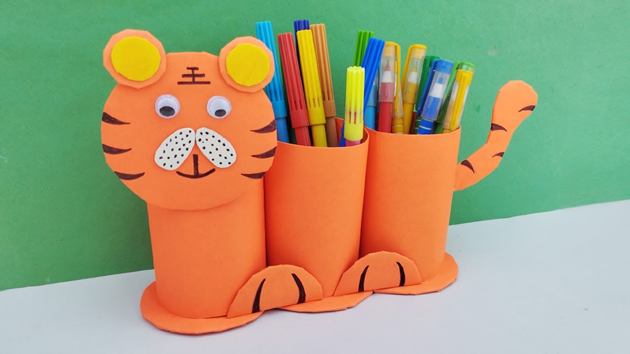 Cute pen holder with paper rolls | Tiger pen holder