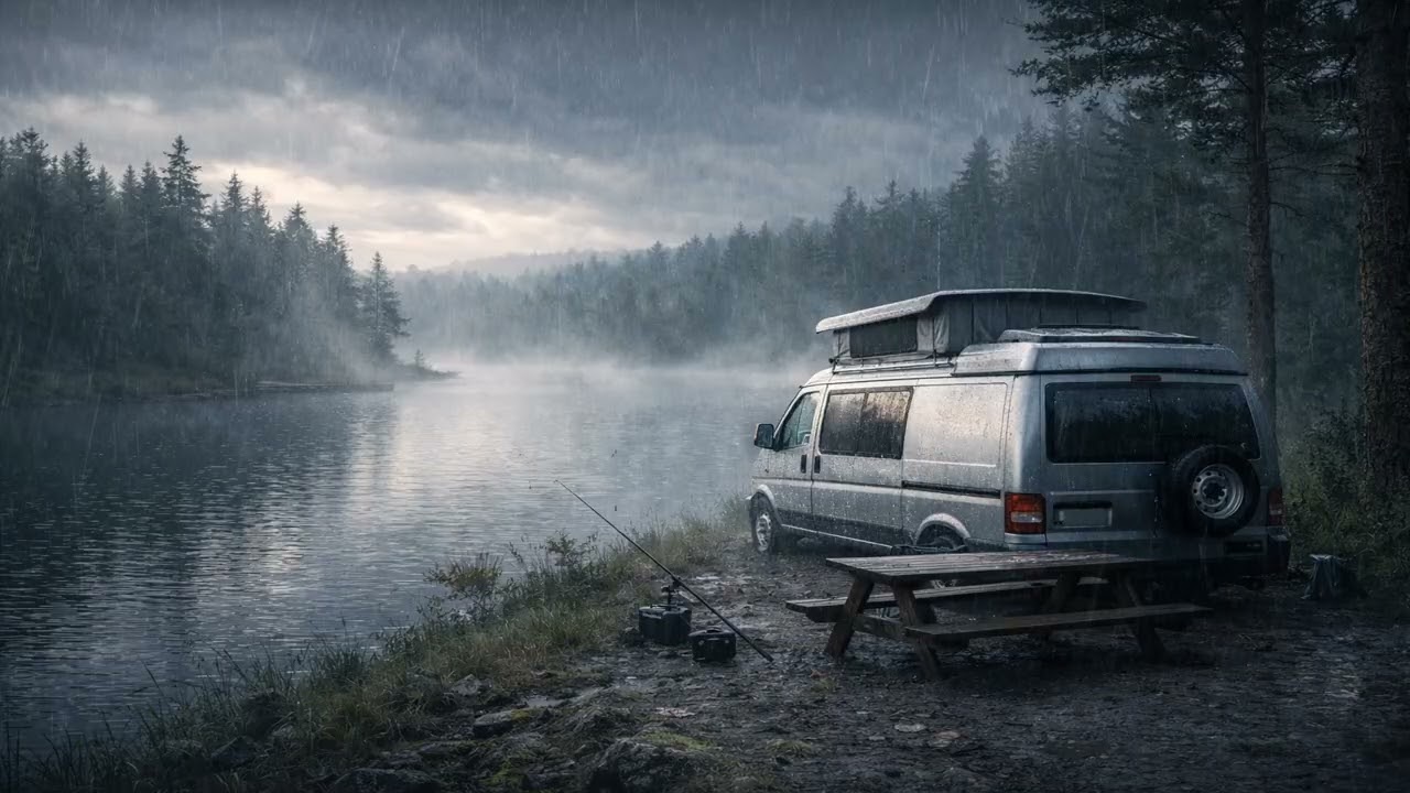 Rain Ambience | Fishing Lake Camper Van Morning – Gentle Rain