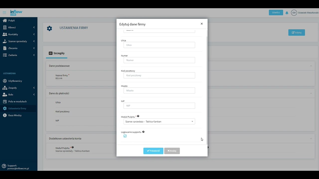 Wystartuj z Inflow CRM   Dane Firmy i Użytkownicy