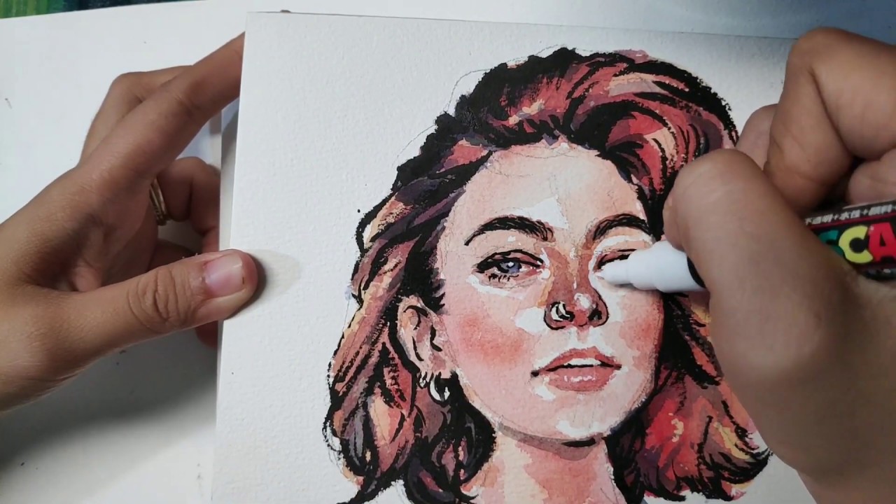 Full process watercolor and brush pen portrait for redditgetsdrawn