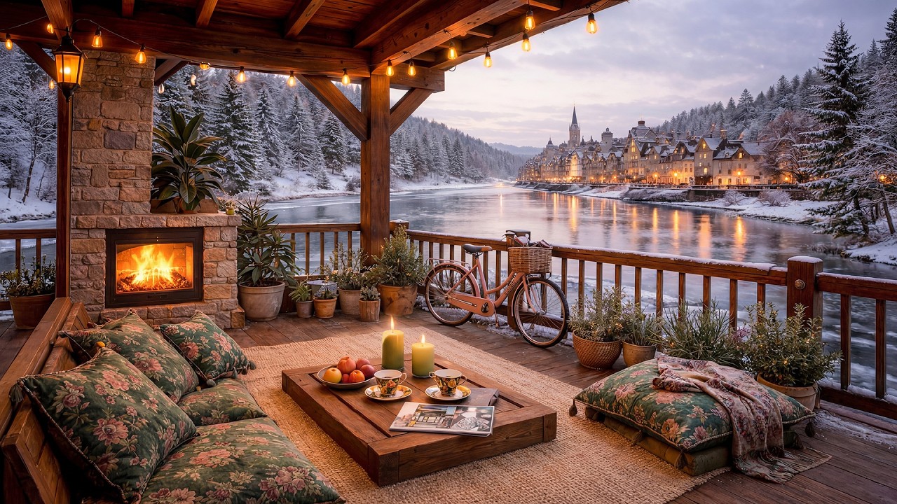 Cozy Snowy Evening Jazz for Books & Tea ☕📖 Warm Riverside Fireplace Ambience | Alpine Village