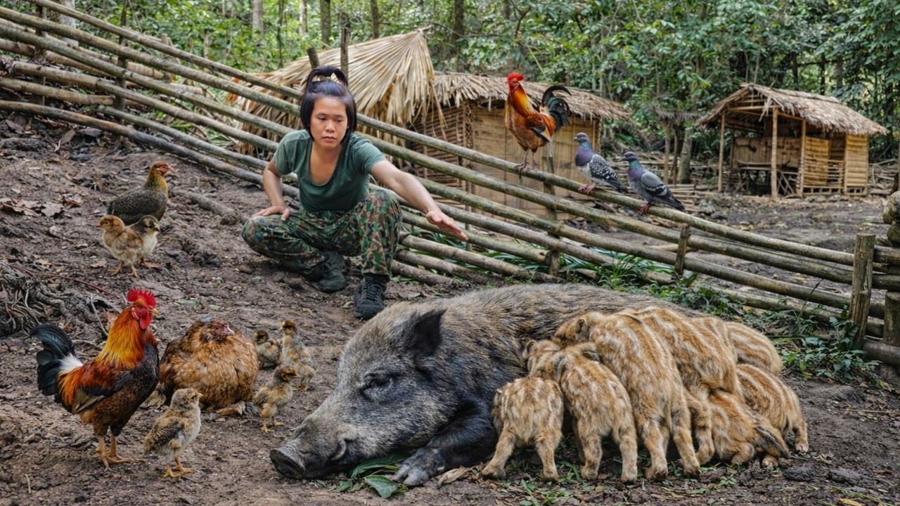 Mother Pig Builds a Birth Nest in the Forest Farm | Adorable New Piglets