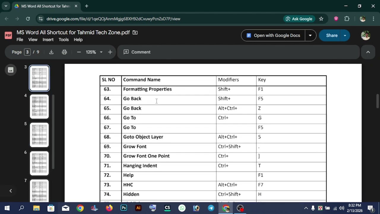 Microsoft Word All Shortcut Pdf free File Download। Tahmid Tech Zone