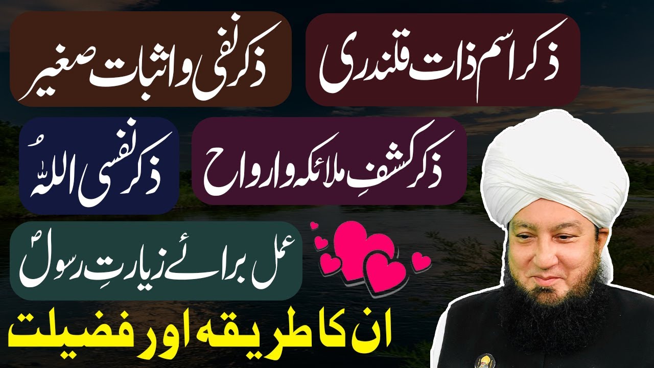 ذکراسمِ ذات قلندری ذکرنفی واثبات صغیرذکرکشفِ ملائکہ وارواح ذکرنفسی اللہُ عمل برائےزیارتِ رسول اکرمؐ