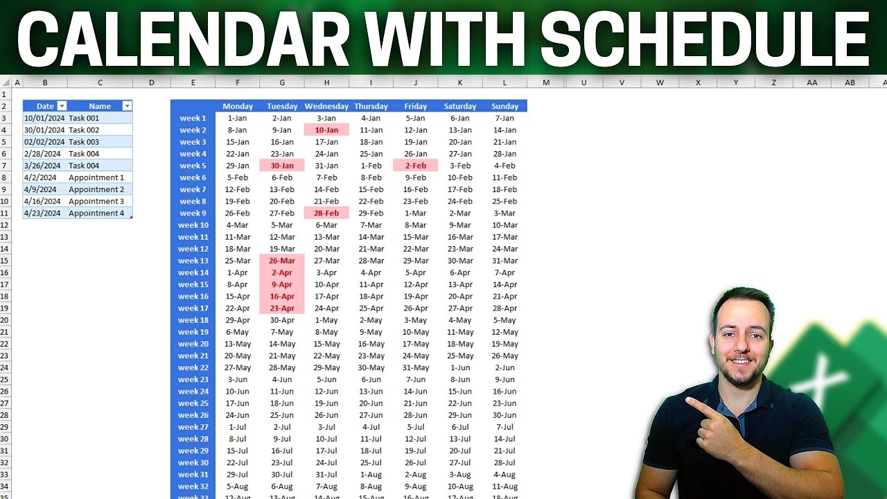 Interactive Excel Calendar 2024 with Automatic Appointment Schedule Highlights | How to