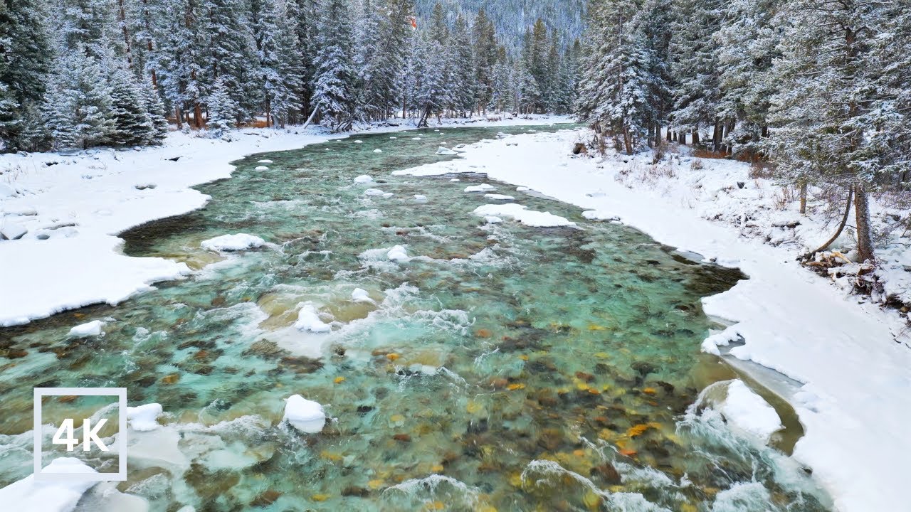 4K UHD Winter Wonderland: Peaceful Sounds of a Flowing Mountain River in Winter in - White Noise