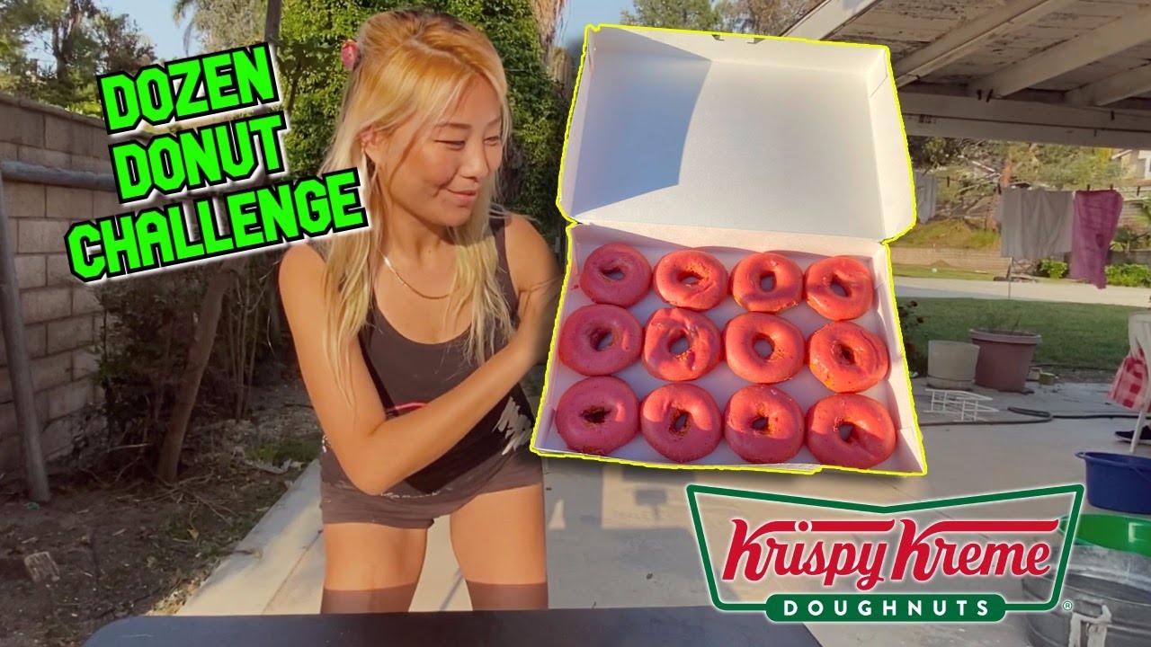 12 Krispy Kreme STRAWBERRY GLAZED DONUTS CHALLENGE!! #RainaisCrazy