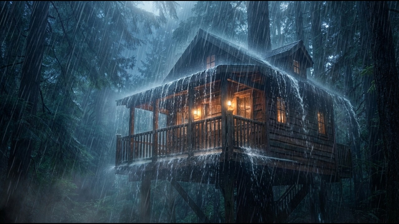 Heavy Rain Sounds for Sleeping 🌧️ Relaxing Night Ambience | Cozy Wooden Treehouse Forest Night