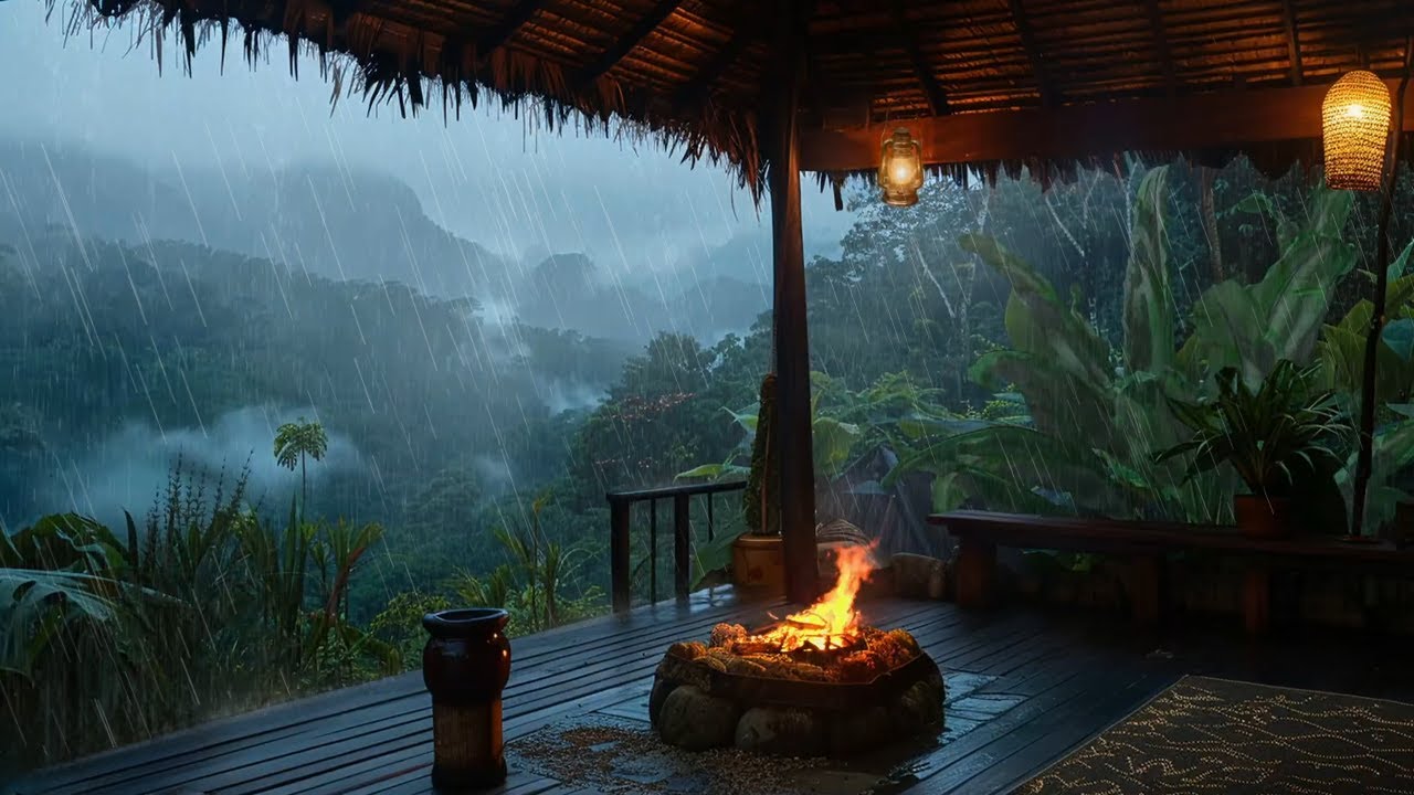 NO ADS ⛈️ Relaxing Rain View from Balcony | Stress Relief with Heavy Rain Sounds and a Fireplace