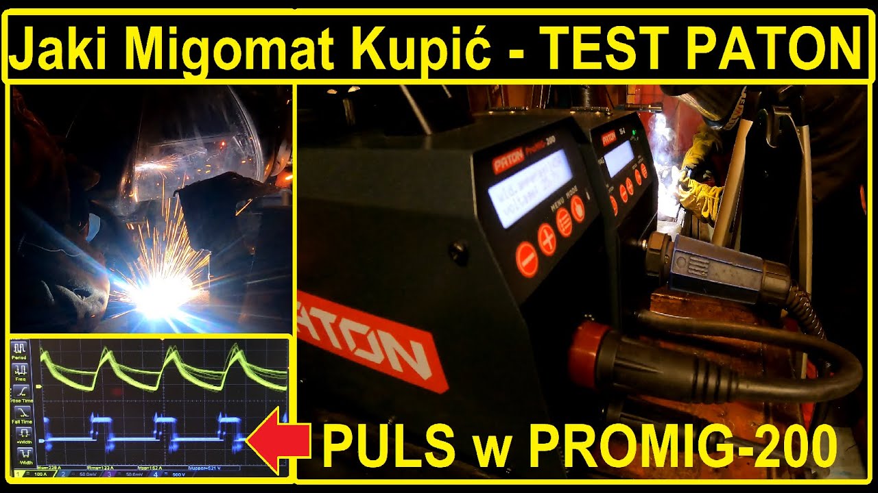 PULS w Migomacie ProMIG-200 Paton Na oscyloskopie przebieg prądu i napięcia podczas spawania TEST