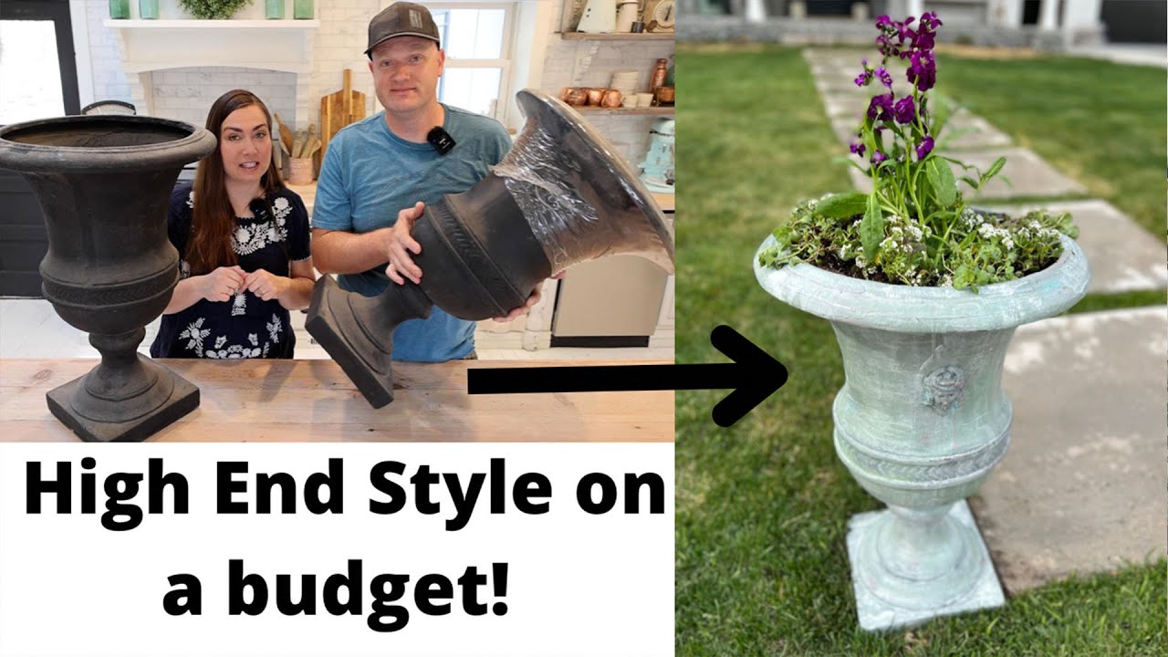 High End Style On a Budget!  Fiberglass Urn Made To Look Like Antique Salvage With DIY Paint