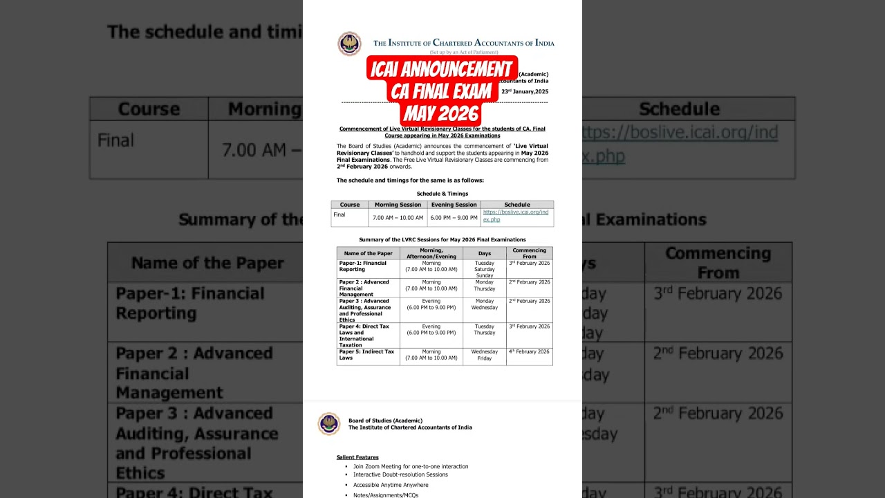 ca final exam may 2026 update| live virtual classes| icai announcement today| ca final 