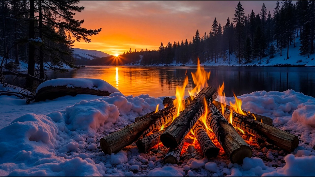 🌙 Winter Night by the Cabin Fire 🔥 Snow, Stars & Cozy Outdoor Ambience