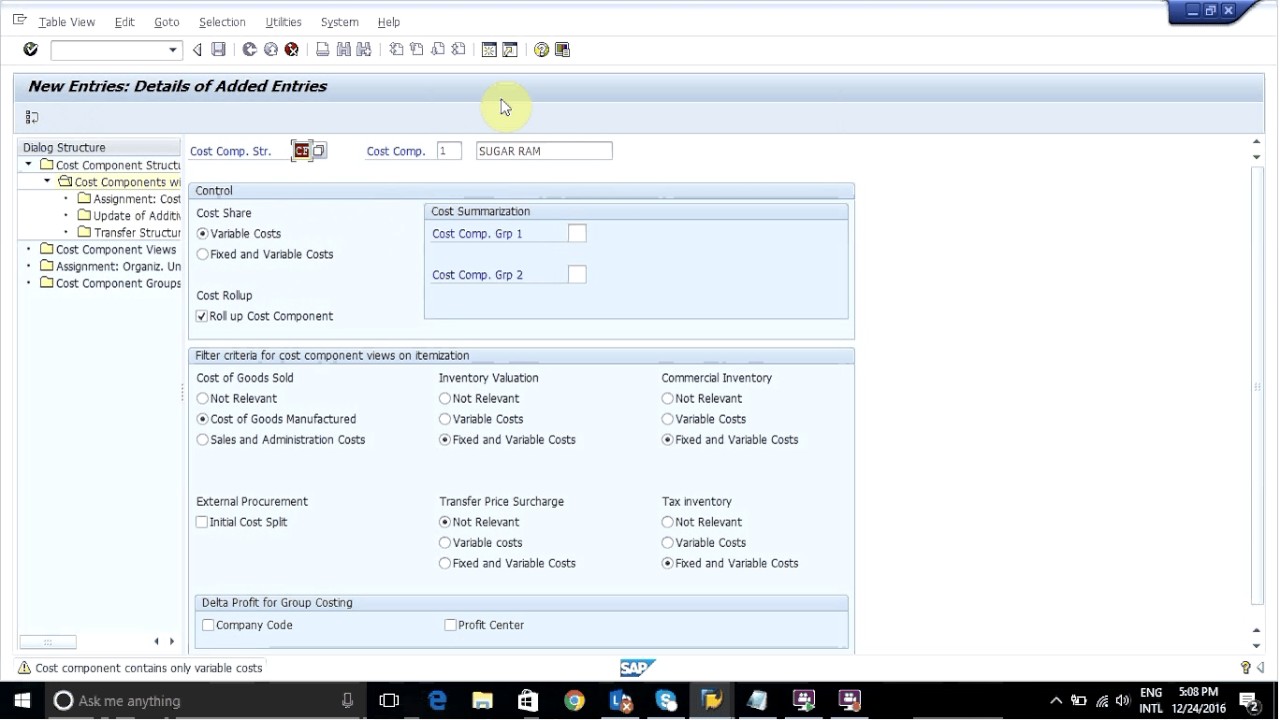 Cost component structure in SAP Product Costing