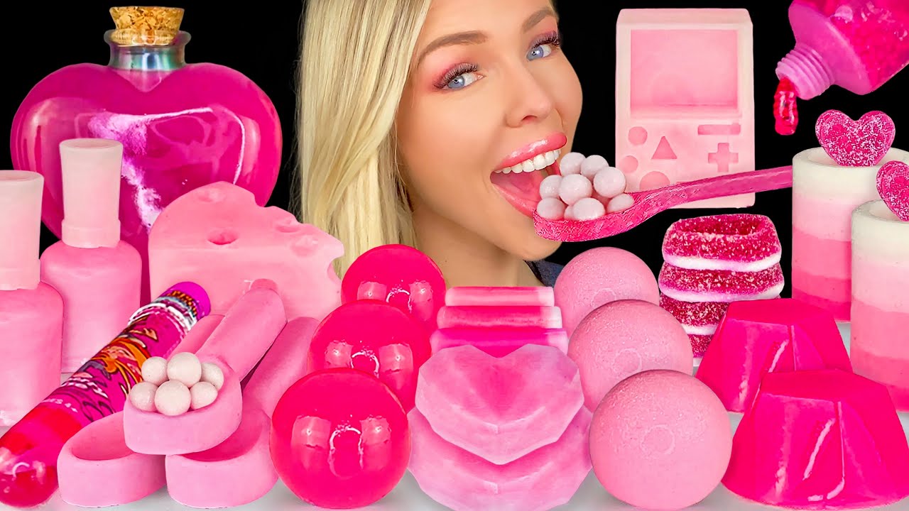 ASMR MUKBANG, Pink Dessert, Edible Nail Polish, GameBoy, Heart Drink, Raspberry Jelly, Sour Candy 먹방