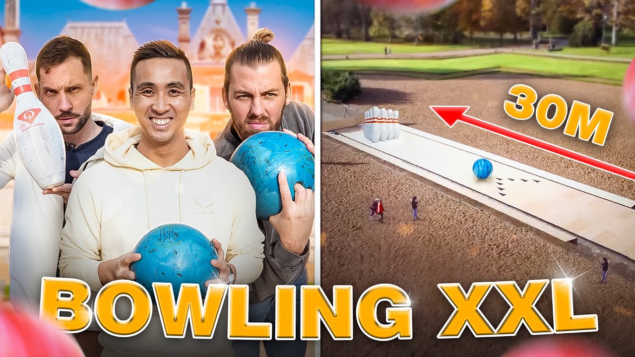 Bowling XXL devant un château (avec des quilles et des boules géantes)