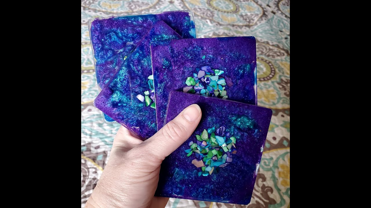 (634) 💜💚💙 PURPLE DAZE SHIMMER HAZE 💙💚💜& SEASHELLS 🐚 Resin Coasters With Sandra Lett 020521
