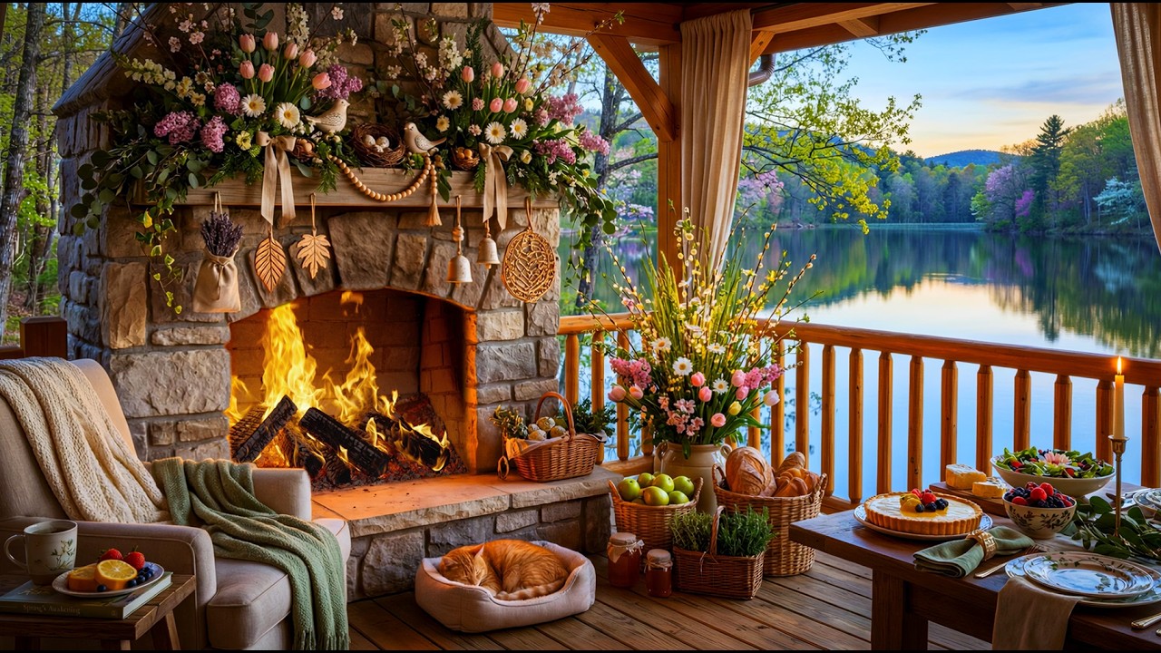 Relaxing Spring Fireplace 🔥 Lake Nature Sounds for Sleep Relaxation and Calm Evenings 🌿