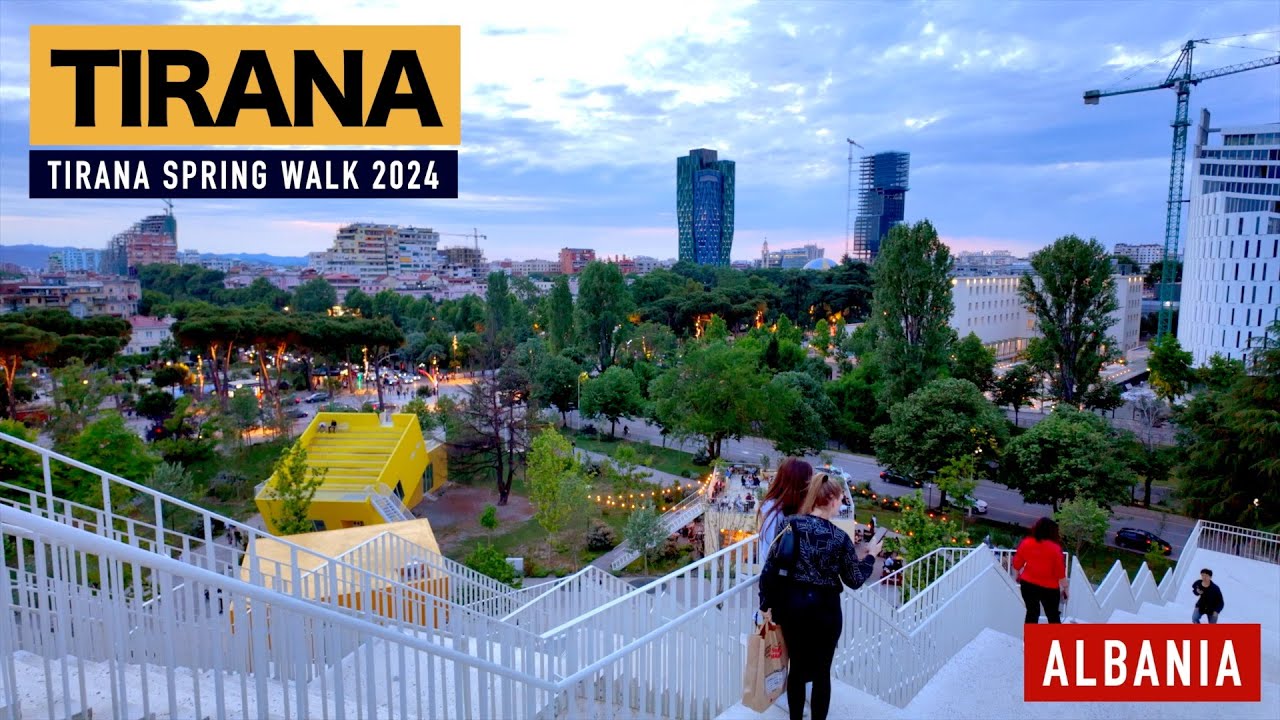 TIRANA, ALBANIA 🇦🇱 QENDRA E TIRANES 🚶 SPRING WALKING TOUR 🍃DOWNTOWN WALK ☀️ [4K HDR ASMR]