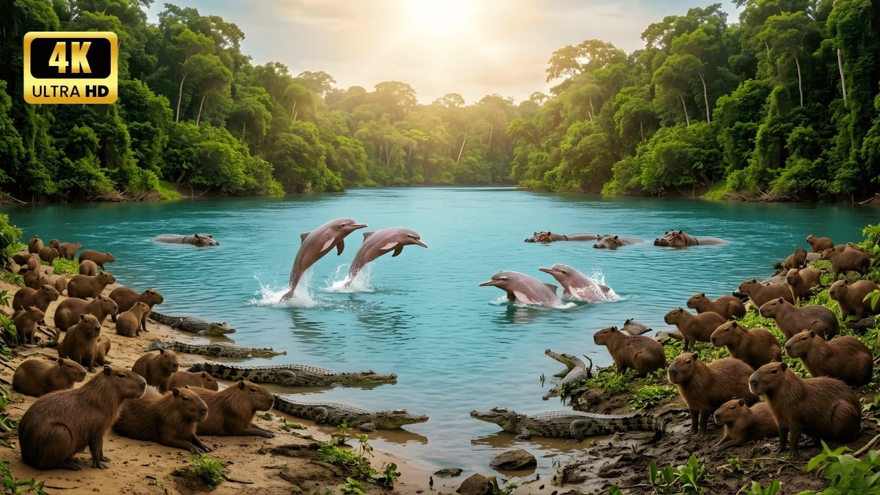 Relaxing Walk in the Amazon 🌿  Sloth Hugs, River Otters, Tapirs & the Jaguar Family 4K HDR Nature
