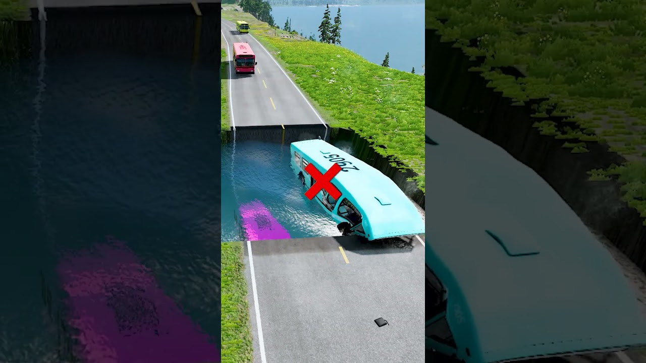Bus crossing massive water pit #103 | #beamngdrivemods #doublespeedbumps  #carsvswaterpit