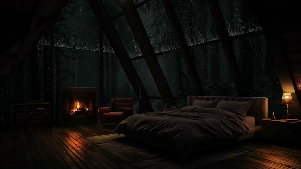 The steady sound of rain surrounding a peaceful cabin in the middle of the woods