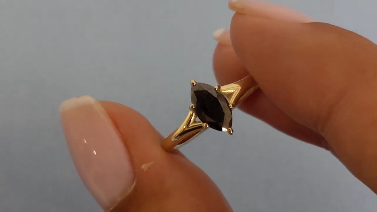 Vintage Salt and Pepper Diamond Ring, Marquise Engagement Ring, 14k Solid Gold Solitaire Ring