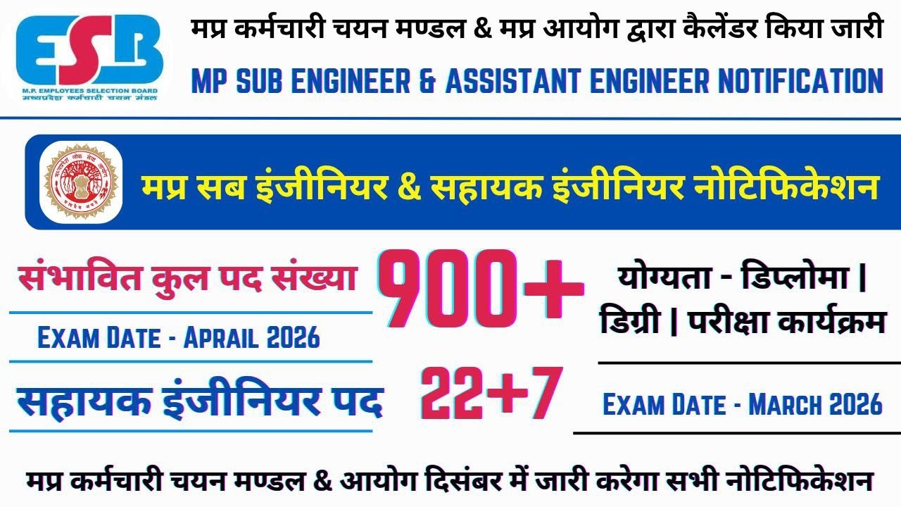 MP SUB ENGINEER NOTIFICATION 2026 || MPPSC ASSISTANT ENGINEER NOTIFICATION 2026 || MPESB & MPPSC