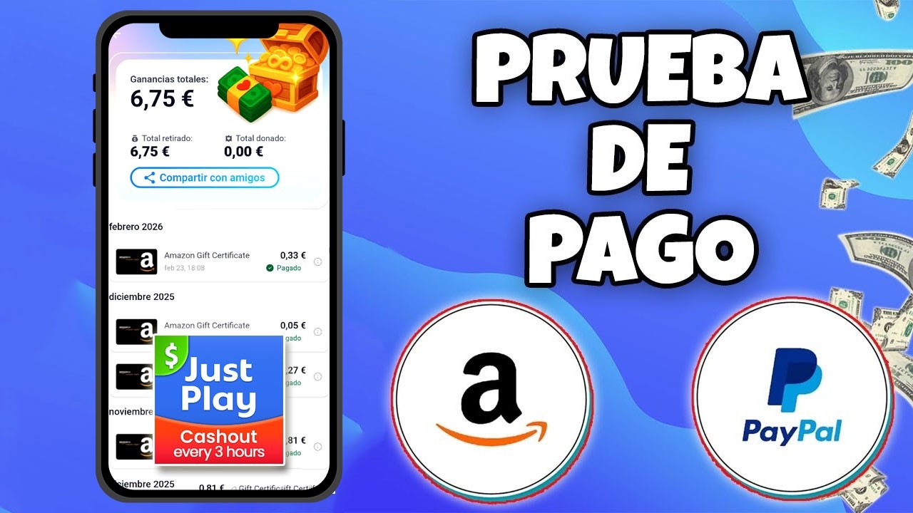 NUEVA PRUEBA PAGO EN PAYPAL Y AMAZON TRAS RETIRAR DINERO EN JUSTPLAY, APP GANAR DINERO JUGANDO 2026