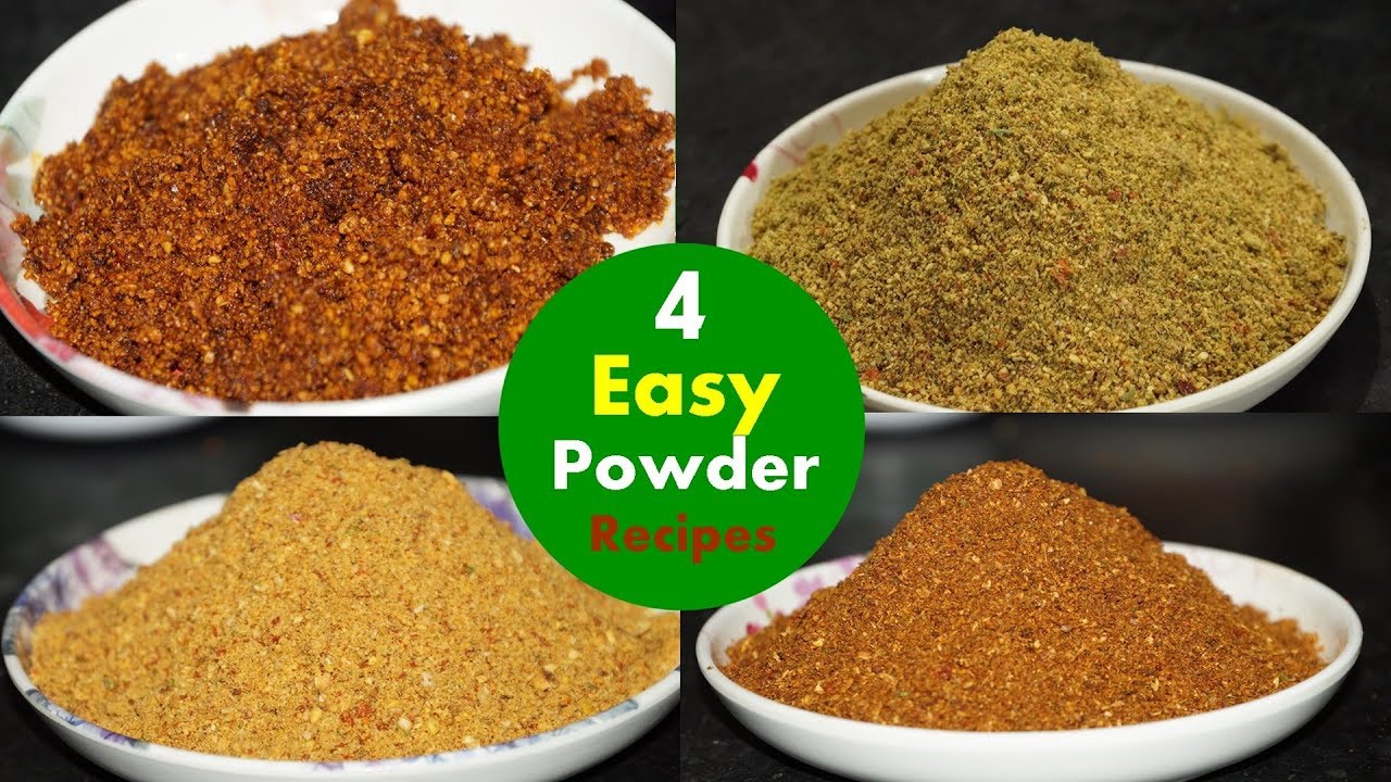 4 easy powder recipes - Idli Karam podi | Vellulli Karam Podi | Chutney Powder | Karivepaku Podi