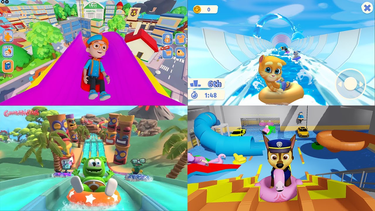 Water Slides Park Blippi Gummy Bear Paw Patrol vs My Talking Tom Friends 2 New Update All Characters