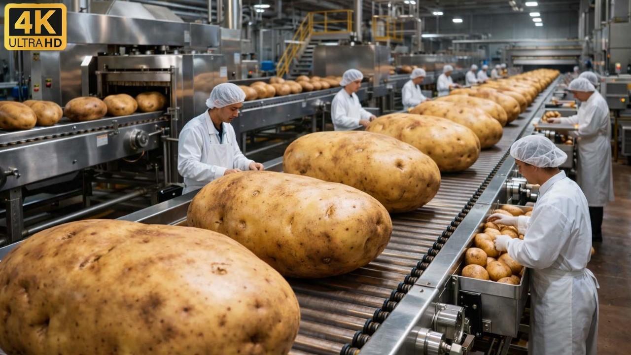 Dentro de una moderna fábrica de patatas fritas: De patatas enteras  snacks perfectamente crujientes
