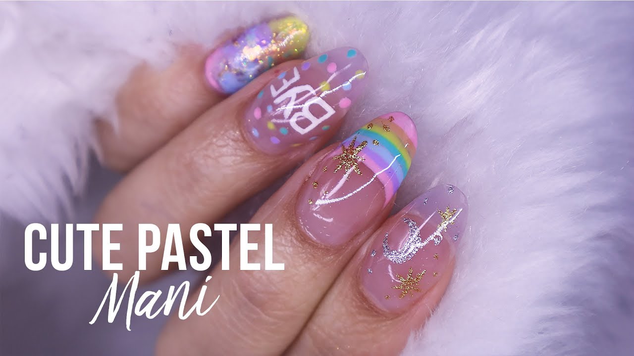 CUTE KAWAII PASTEL GEL MANI NAIL ART OVER SHORT ACRYLIC NAILS