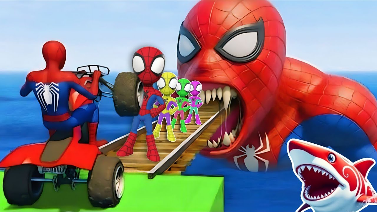 سبايدر مان اصعب دراجة نارية فوق اسماك القرش - Superheroes Ride on Motorcycle Stunt Funny Moments??