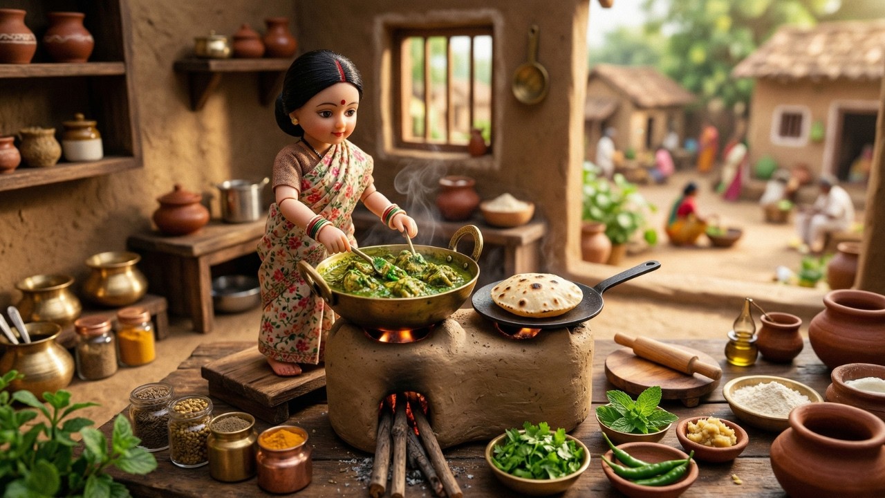 Miniature Doll Hariyali Chicken & Roti ASMR in Indian Village | Tiny Kitchen