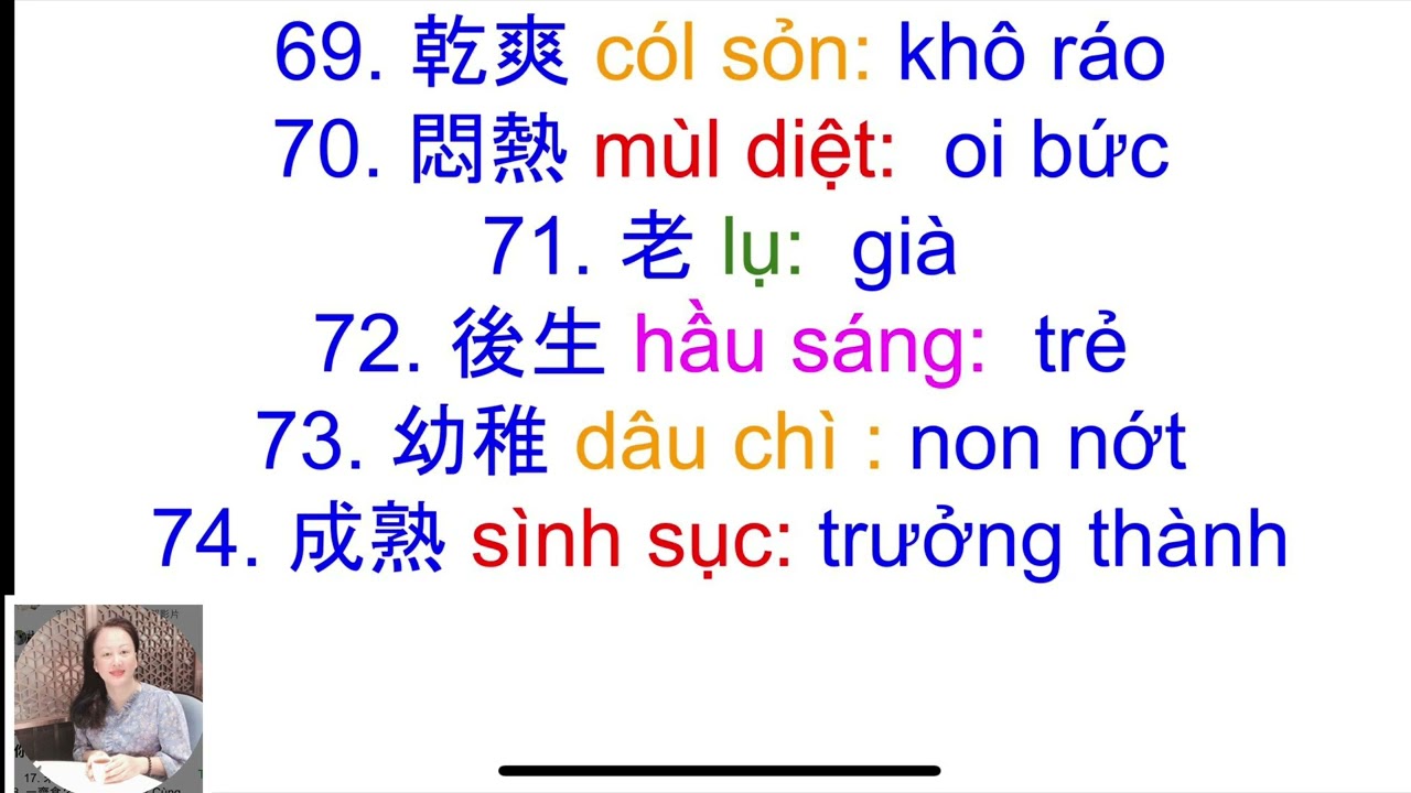 Thông thả học tiếng Quảng Đông bài 1056: 108 tính từ thường xuyên dùng cần biết. Trái, phải, đắng..