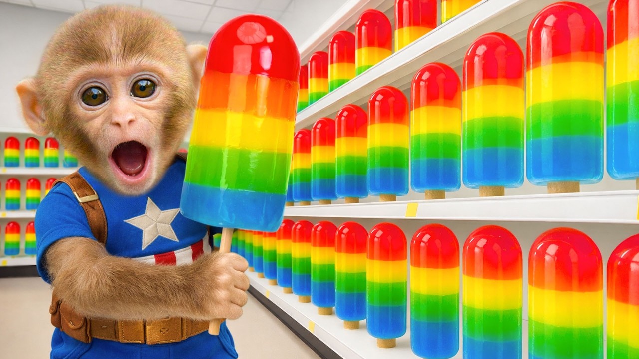 Macaco Gogo Encontra o Sorvete Arco Íris Gigante na Loja! 🍦🌈🐒