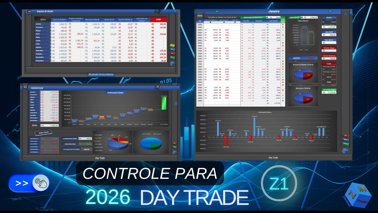 Planilha Day Trade Z1 - 2026 - Controle e DARF Autom&aacute;tica (WIN / WDO)