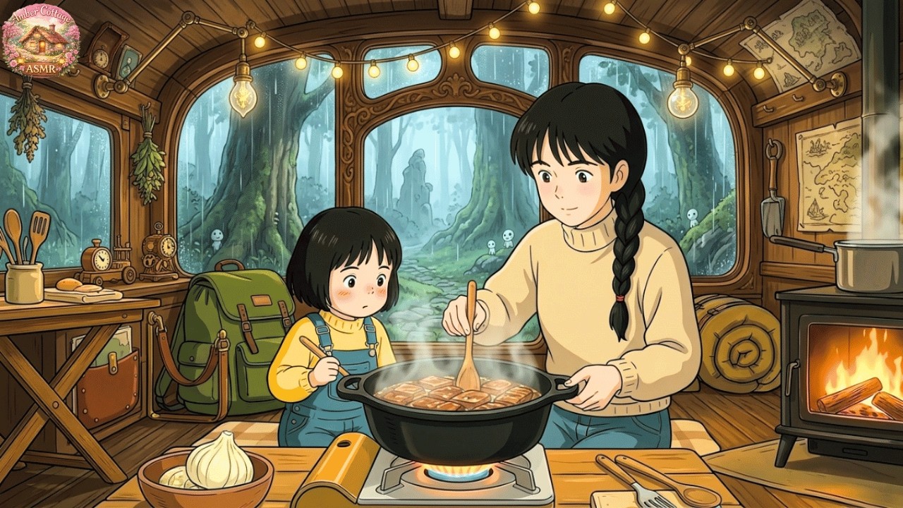 🌧️ Camping in Heavy Rain on Turtle Island &ndash; Tunnel Tent & Beef Sukiyaki | Ghibli inspired ASMR