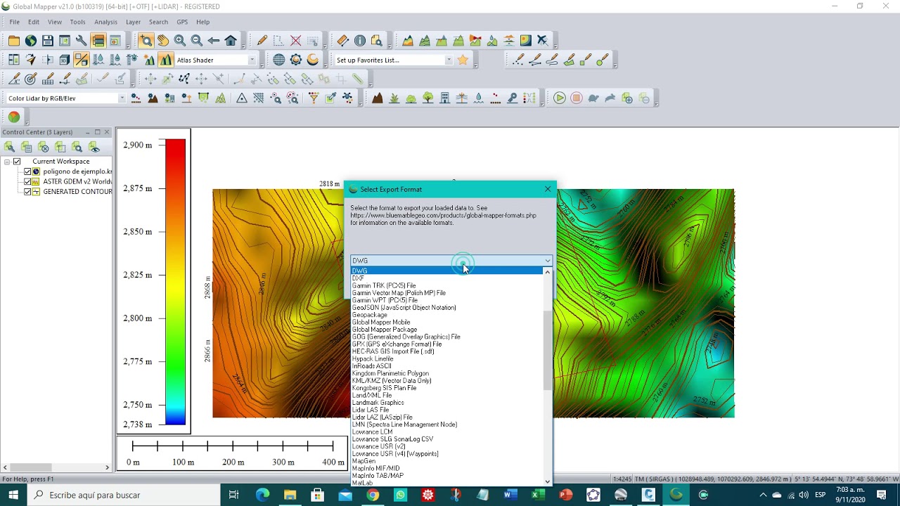 Curvas de nivel de Global Mapper a AutoCAD Civil 3D con coordenadas MAGNA - SIRGAS Bogotá centro.