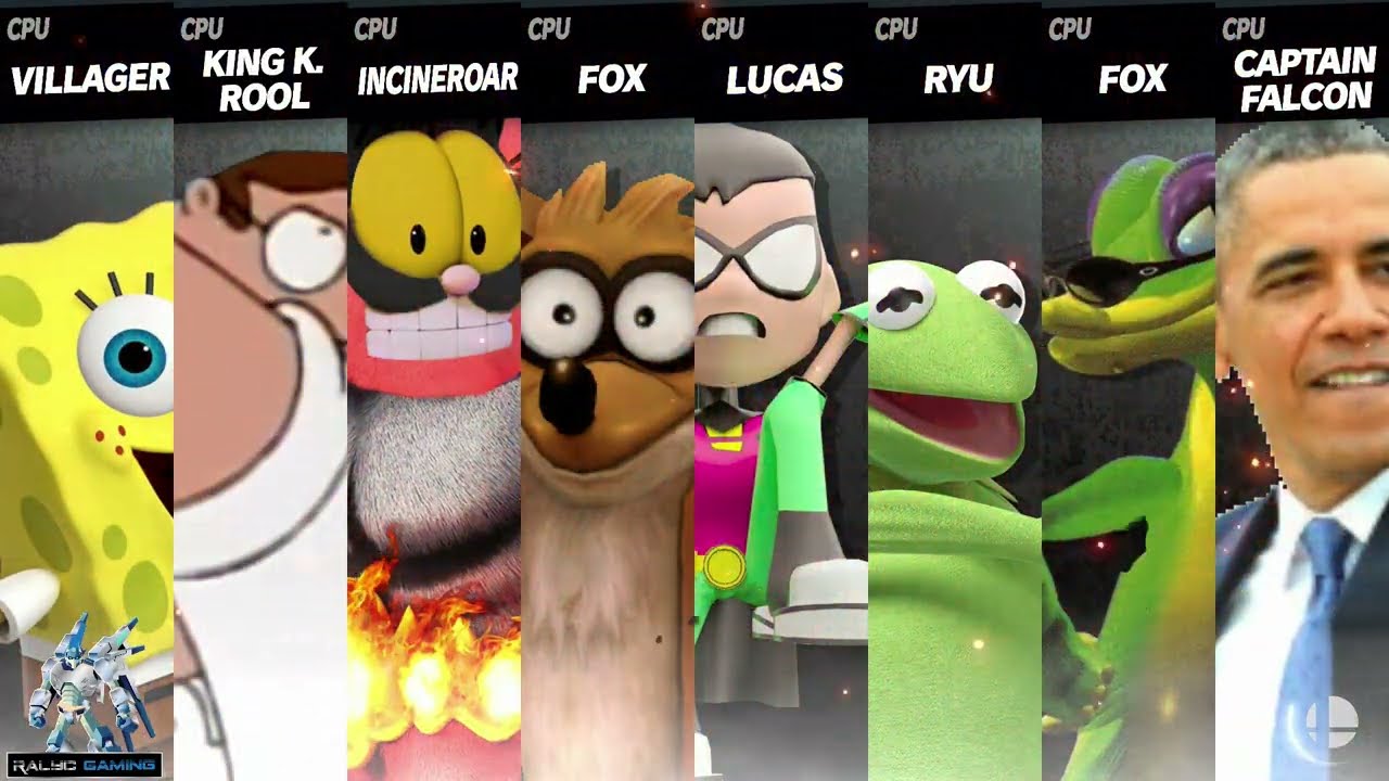 SpongeBob vs Peter Griffen vs Garfineroar vs Rigby vs Robin vs Kermit vs Gex vs Obama