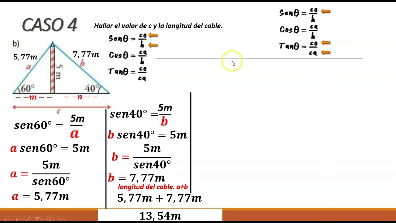 resolución de triángulos rectángulos. halla la distancia del cable.