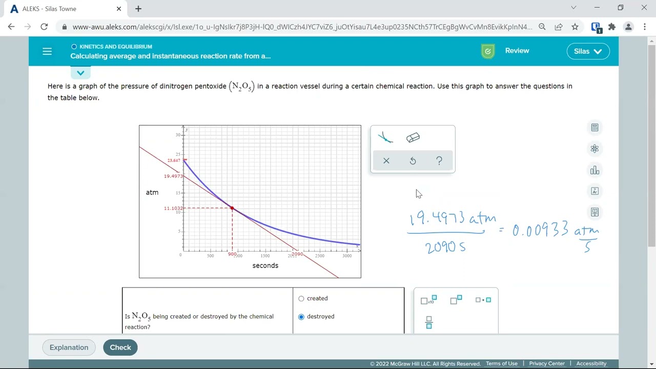 Calculating average and instantaneous reaction rate from a graph of concentration versus time