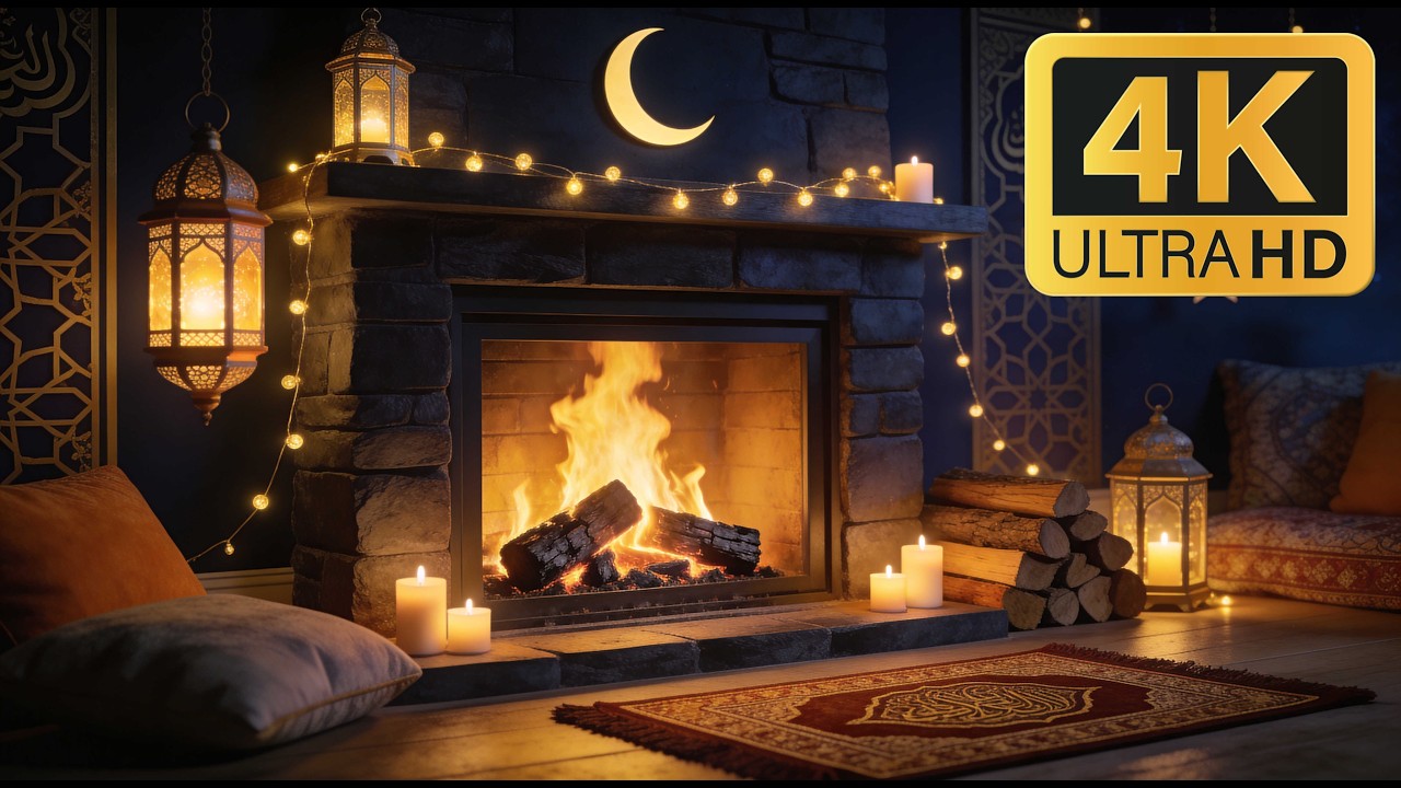 12H Ramadan Night Fireplace 4K 🌙 Lantern Light & Peaceful Crackling Fire (No Music)