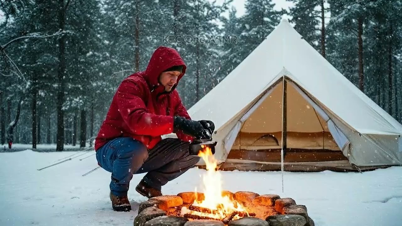 ASMR Solo Camping in Constant Gentle Snow | Warm Bell Tent & Crackling Fire | No Talking
