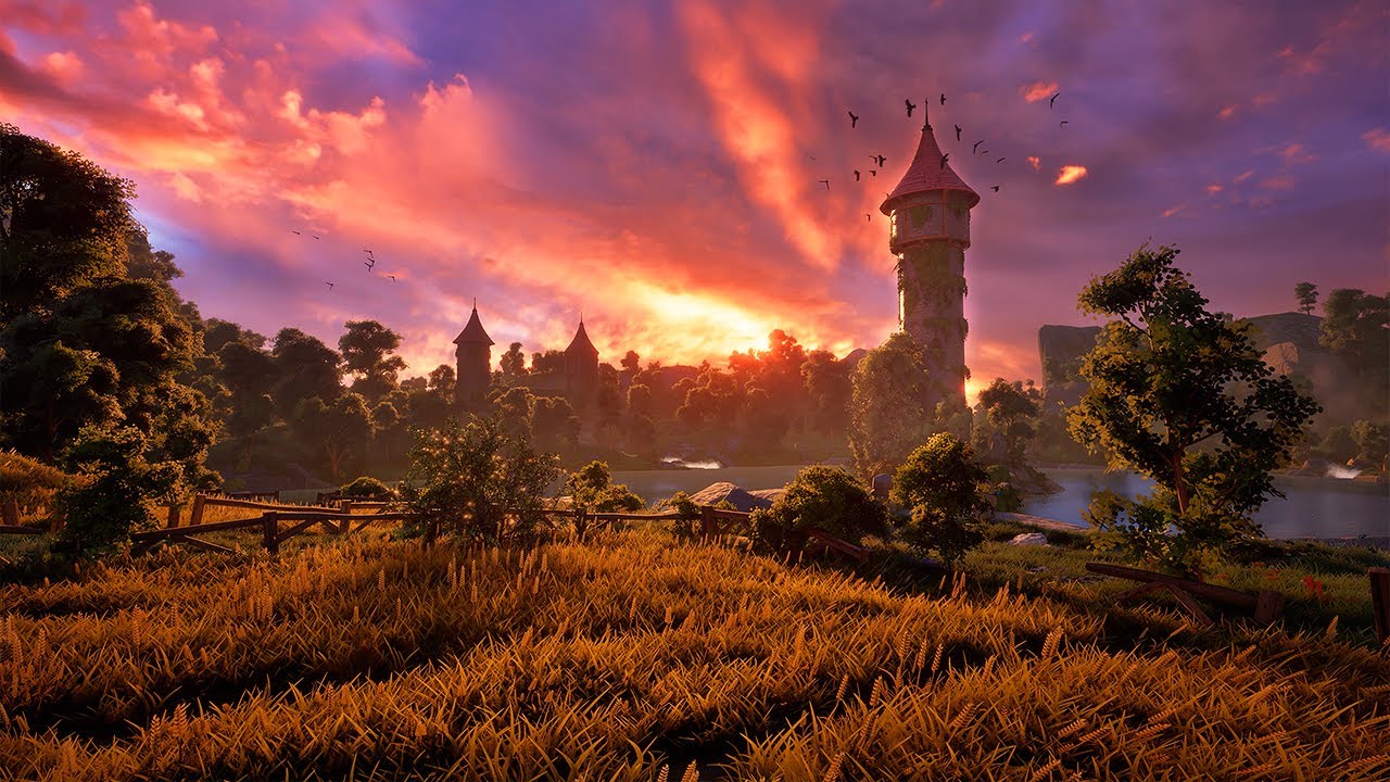 Enchanting Spring Sunset Ambience Experience: Journey to Wizard's Tower by the Lake 🧙‍♂️🌺