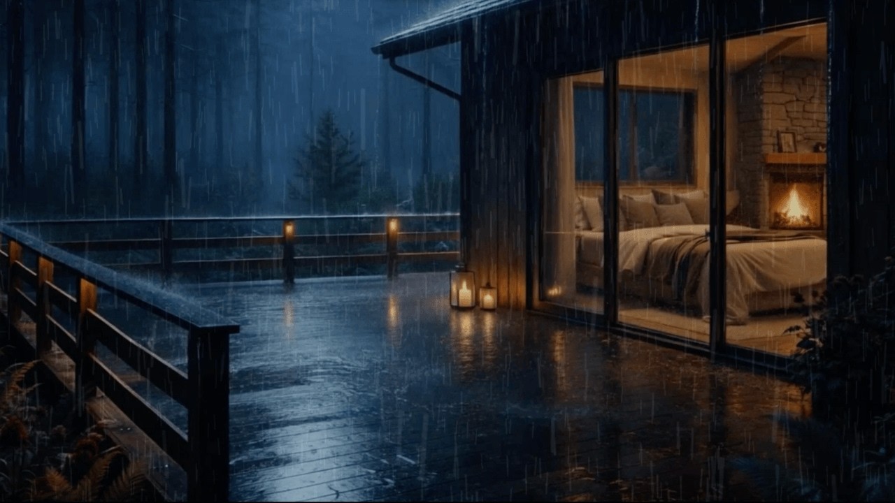 Heavy Rain at Night on Cozy Cabin Deck 🌧️🔥 Soft but Powerful Rain Sounds for Sleep & Deep Relaxation